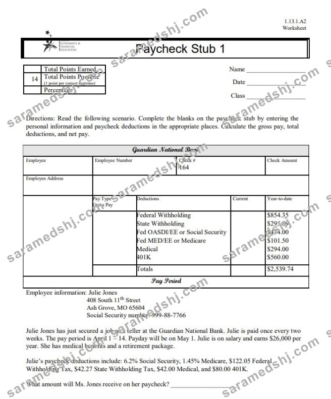 Family Economics & Financial Education paycheck stub Word and PDF template